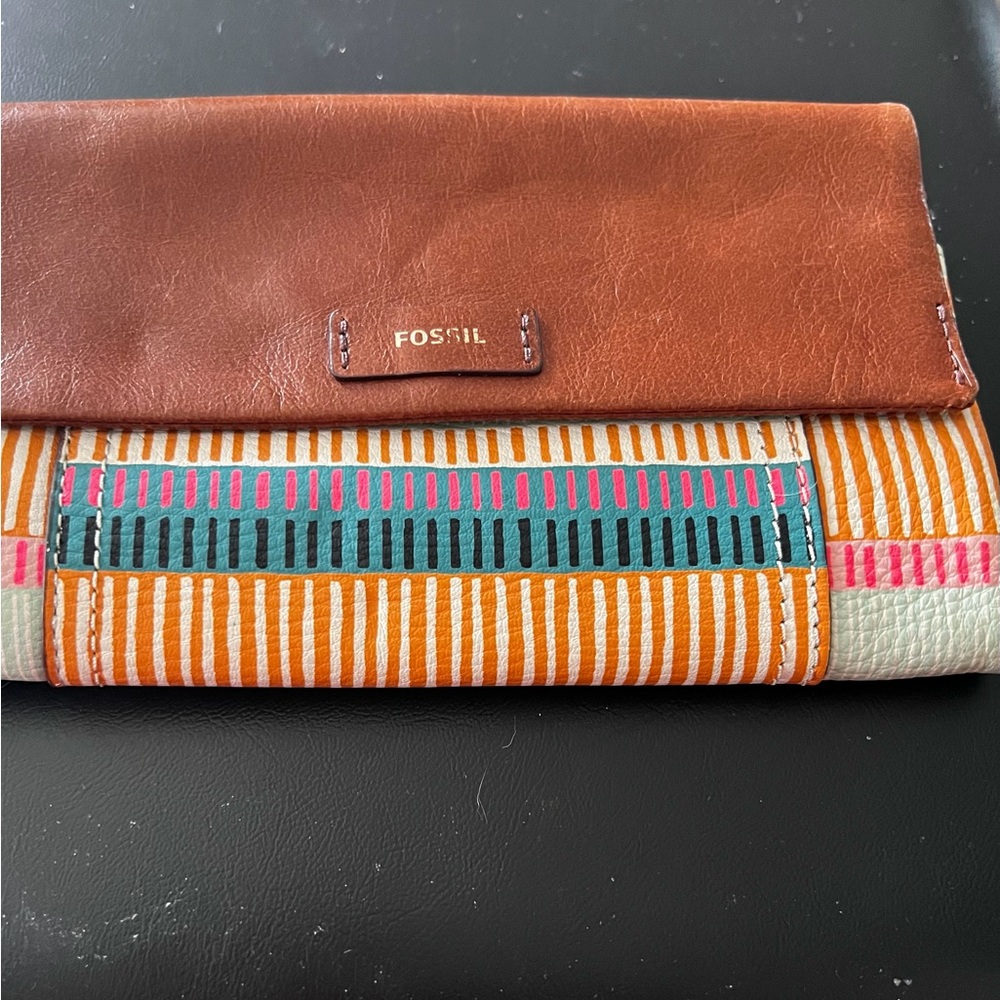 Fossil Brown Leather Clutch with Multicolor Stripe Panel
